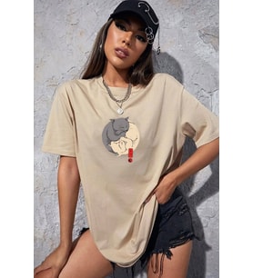 Unisex Kedi Baskılı T-shirt (Bej)