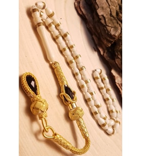 Altın Kaplama Gümüş Kazaz Püsküllü 7x11mm Işlemeli Deve Kemiği Tesbih (Beyaz)