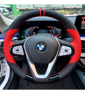 BMW G30 Dikme Direksiyon Kılıfı Parlak Siyah Kırmızı Detaylı Kırmızı Çift Yüzük ve Dikiş 2016-2023