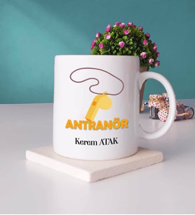 Antrenör Tasarımlı Kişiye Özel Hediye Antrenör Kupa Bardak ve Taş Bardak Altlığı Hediye Seti
