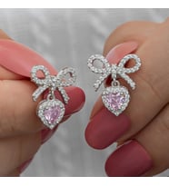 Gümüş Fiyonk Pembe Taşlı Kalpli Çivili Kadın Küpe