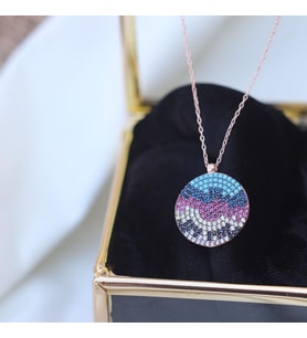 Renkli Zirkon Taşlı Yuvarlak Rose Gold Gümüş Kolye
