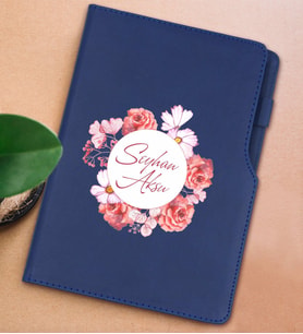 BK Gift Kişiye Özel Çiçek Tasarımlı Lacivert Termo Deri Not Defteri 15x21cm-2