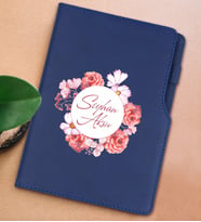 BK Gift Kişiye Özel Çiçek Tasarımlı Lacivert Termo Deri Not Defteri 15x21cm-2