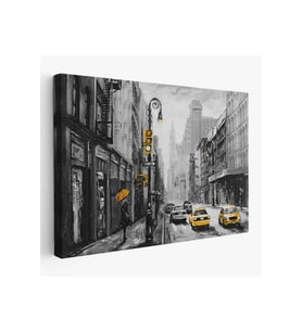 New York Sokakları Ve Sarı Taksi Yağlıboya Görünüm Kanvas Tablo-3552