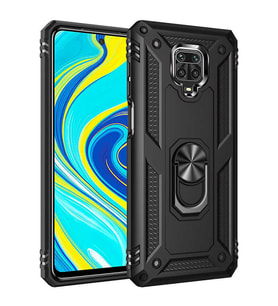 Xiaomi Redmi Note 9S Uyumlu Kılıf Standlı Manyetik Yüzüklü Military Magnetic Ring Polycarbonate and TPU Case (Siyah)
