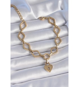316L Çelik Gold Renk Zincir Model Kilit Kalp Figür Kadın Bileklik - TJ-BB6434