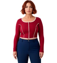 Kadın Vücuda Oturan Fermuarlı Bluz Esnek Örme Kumaş Crop Kesim Kontrast Detaylı Uzun Kol Kaliteli