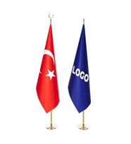 Türk Makam Bayrağı ve Logolu Makam Bayrağı + Sarı Direk (Simsiz) (Kırmızı)
