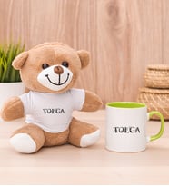 Kişiye Özel Çiçekli Harf Tasarım İsim Yazılı Peluş Ayı ve Yeşil Kupa