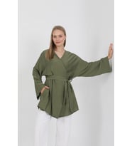 Doğal Viskon Kumaş Cepli Kemerli Kadın Kimono 1168 – Yakasız, Hafif, Dökümlü, Yazlık Model (Haki)