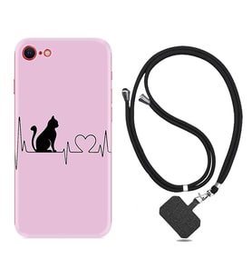 Apple iPhone 5 6 7 8 Plus Se XR Kılıf Boyun Askılı Silikon Pink Cat Heart 1303