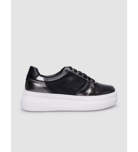 %100 Hakiki Deri Siyah Bağcıklı Kadın Sneaker