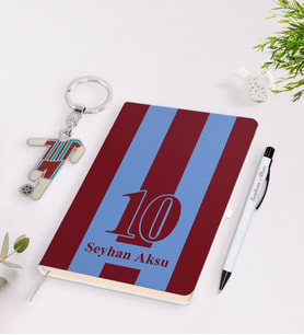 BK Gift Kişiye Özel Bordo-Mavi Tasarımlı İsimli Defter kalem ve Formalı Metal Anahtarlık Model 1