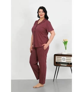 Giyim Kadın Büyük Beden Pamuklu Cepli Düğmeli Mor Pijama Takım