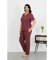 Giyim Kadın Büyük Beden Pamuklu Cepli Düğmeli Mor Pijama Takım