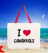 BK Gift I Love Çanakkale Renkli Kulp Kanvas Plaj Çantası 48x40m, Baskılı Omuz Çantası, Alışveriş Çantası (Kırmızı)
