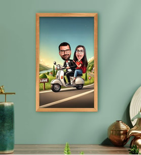BK Gift Kişiye Özel Motorcu Çift Karikatürlü Ahşap Çerçeveli Tablo-1 40x25cm, Sevgililer Günü, Sevgiliye Hediye