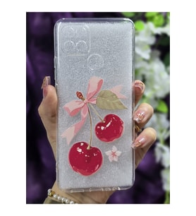 Oppo A15S / Oppo A15 Uyumlu Kiraz ve Kurdele Desenli Şeffaf Telefon Kılıfı