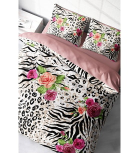 Leopar Çift Kişilik Nevresim Takımı Özel Dokuma Pamuk Saten Zebra Flowers