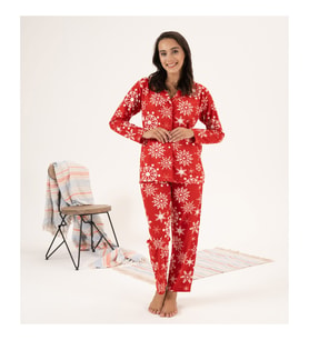 Estiva Kartanesi Desen Önden Düğmeli Süet Bayan Pijama Takım (Kırmızı)