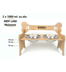 RealWood Özel İsim Baskılı, Ahşap, Kademeli, Çelik Kaseli, Eğimli, Küçük/Orta/Büyük Irk Köpek Mama - Su Kabı