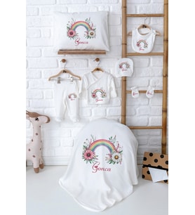 Pia Baby Premium Kişiye Özel İsimli %100 Pamuk Kız Bebek Hediye Zıbın Seti 5054-02 (Ekru)