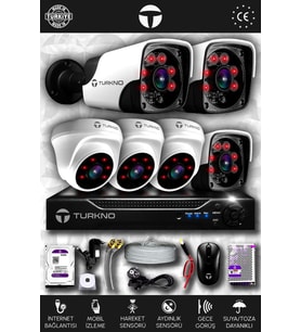 TURKNO 6 Kameralı Pania 3 İç Kamera Set 1 TB HDD Full HD Gece Görüşlü Güvenlik Kamerası Sistemi