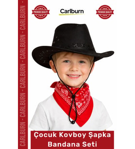 #KostümSeti Western Temalı Şık Kostüm Aksesuarı Çocuk Kovboy Şapka Siyah Kırmızı Bandana Seti