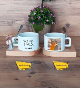 Halaya Hediye Kupa Bardak Ahşap Altlıklı Kısa Fotoğraflı Halaya Doğum Günü Hediyesi