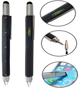 Özel Üretim Çok Fonksiyonlu Tükenmez Teknik Kalem – Cetvelli, Tornavidalı, Su Terazili, Touchpen Dokunmatik Uçlu, Mimar ve Mühendisler Için Pratik Hediyelik Kalem (Siyah)