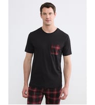 LC WAIKIKI Siyah Bisiklet Yaka Ekose Erkek Pijama Üst