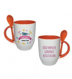 Kişiye Özel Öğretmenler Günü Baskılı İçi ve Kulbu Turuncu, Kaşıklı Porselen Kupa Bardak HK2324 (Beyaz)