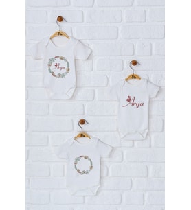 Pia Baby Premium %100 Pamuk İsme Özel Organik Baskılı Üçlü Set Çıtçıtlı Bebek Body Zıbın Modelleri 5017-18 (Ekru)