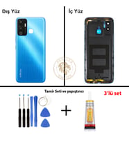 Infinix Hot 12 Play Mavi Uyumlu Lensli Arka Kapak + Yapıştırıcı ve Vida Seti Arka Cam Lazer Kesim