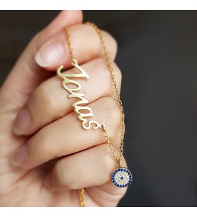 Vaoov 925 Ayar Gümüş Küçük Nazarlı İsim Kolye (Gold)