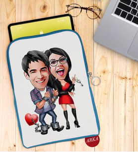 BK Gift Kişiye Özel Sevgililer Karikatürlü Taşınabilir Koruyucu Tablet Kılıfı & Organizer Çanta - Mavi-1