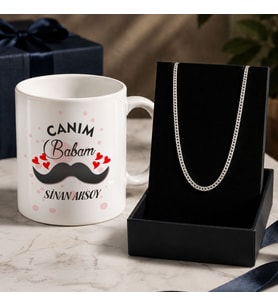 BK Gift Kişiye Özel Babalar Günü Tasarımlı Beyaz Kupa & Sık Gurmet Zincir Kolye -3, Babalar Günü Hediyesi
