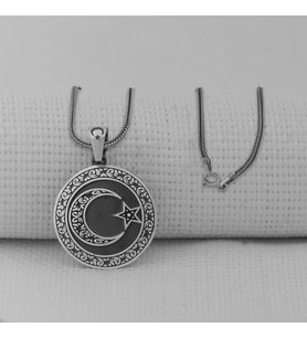 Siyah Gravur İşlemeli Büyük Boy Ay Yıldız 925 Ayar Gümüş Erkek Kolye