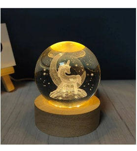 3D Kristal Cam Küre Ahşap Kaideli Gece Lambası - Unicorn
