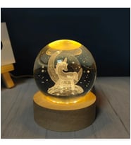 3D Kristal Cam Küre Ahşap Kaideli Gece Lambası - Unicorn