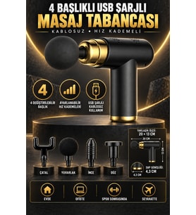 Kablosuz USB Masaj Tabancası, Ayarlanabilir Hız, 4 Başlık, Rahatlatıcı Kullanım