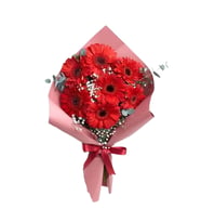PEMBE BUKETTE KIRMIZI FİYONKLU GERBERA
