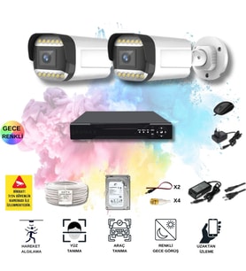 2 Kameralı Set - Yapay Zeka Özellikli Gece Renkli Gösteren 5MP SONY Lensli 12 Warm Ledli FULLHD Güvenlik Kamerası Seti 312W-104