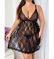 Arias Closet Büyük Beden Siyah Dantel İşlemeli Fantezi Tül Gecelik