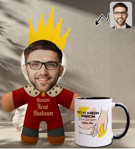 BK Gift Kişiye Özel Fotoğraflı Kral Babam Tasarımlı Bebek Yastık-1 & Siyah Kupa Bardak Hediye Seti-10, Babalar Günü Hediye, Babaya Hediye