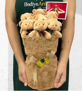 Kişiye Özel Fotoğraflı Büyük Boy Peluş Ayıcık Buketi - 7'li Peluş Ayıcık Buketi - Premium Tasarım