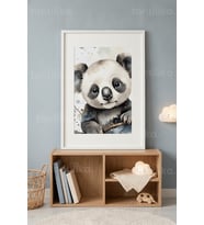 Sevimli Panda Hayvan İllüstrasyonu 1. Kalite Ahşap Çerçeveli Tablo
