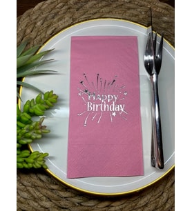Gümüş Yaldızlı Pembe Happy Bırthday Garson Katlama Peçete 16 lı