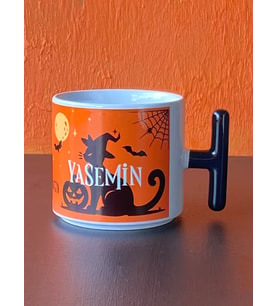 İsme Özel Halloween Kedili T Kupa, Cadılar Bayramı Kupası, Kedili Kupa